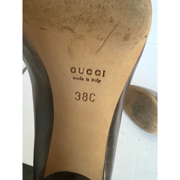 GUCCI Leather Champagne Gold Round Toe Black Low Heel Pump Shoes Size 8 Narrow - Picture 10 of 12